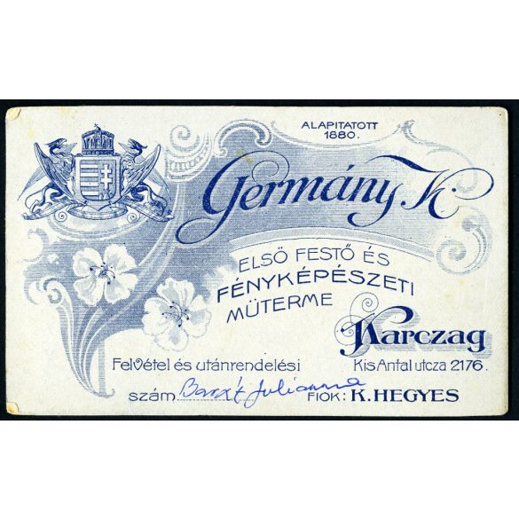 Germány műterem, Karcag, elegáns nő portréja, gyönyörű ruha, monarchia, Jász-Nagykun-Szolnok megye, helytörténet, 1890-es évek, Eredeti CDV, vizitkártya fotó.   