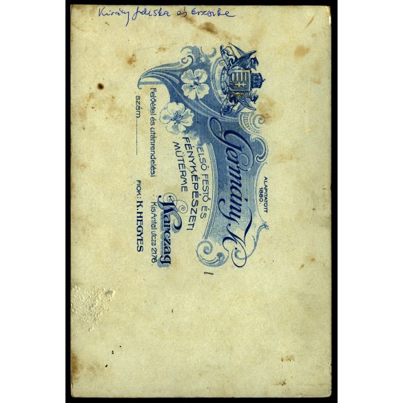 Germány műterem, Karcag, lányok, testvérek portréja, „Király Juliska és Erzsike”, virág, helytörténet, monarchia, 1890-es évek, Eredeti, hátulján feliratozott kabinetfotó. 