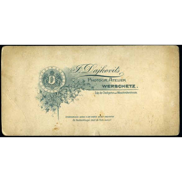 Dajkovits műterem, Werschetz (Versec), Vajdaság, elegáns nő székkel, gyönyörű ruhában, monarchia, 1890-es évek, Eredeti kabinetfotó ritka német helymegjelöléssel. 
