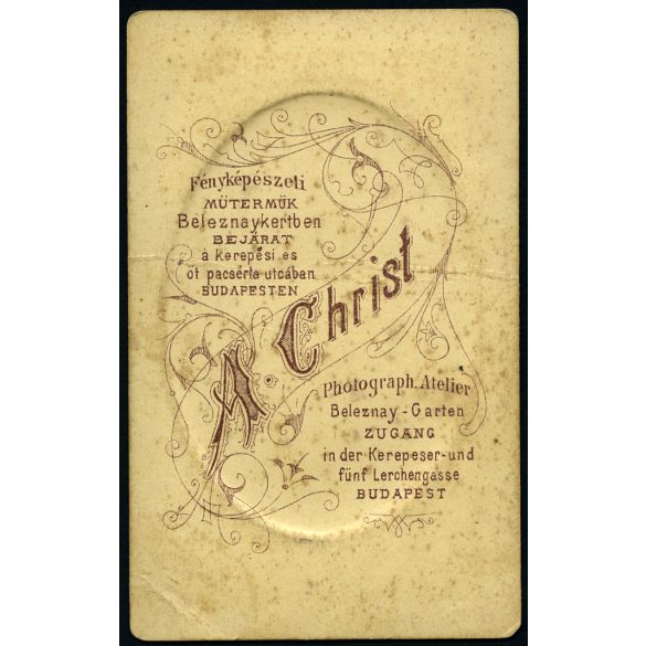 Christ Anna műterme, Budapest, elegáns szakállas férfi óralánccal, monarchia, 1870-es évek, Eredeti CDV, dombornyomott vizitkártya fotó, középen törésnyommal.  
