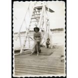 Fürdőzők a Tisza parton, Újszeged (Szeged), fürdőruha, műugró állvány, városkép, Horthy-korszak, helytörténet, 1930-as évek, Eredeti fotó, papírkép.   