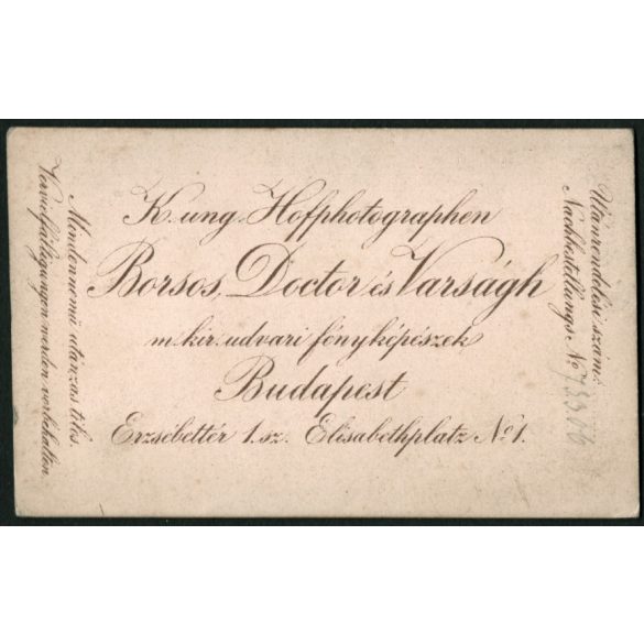 Borsos, Doctor és Varságh műterem, Budapest,  elegáns szakállas férfi nyakkendőben, monarchia, 1870-es évek, Eredeti CDV, vizitkártya fotó.  