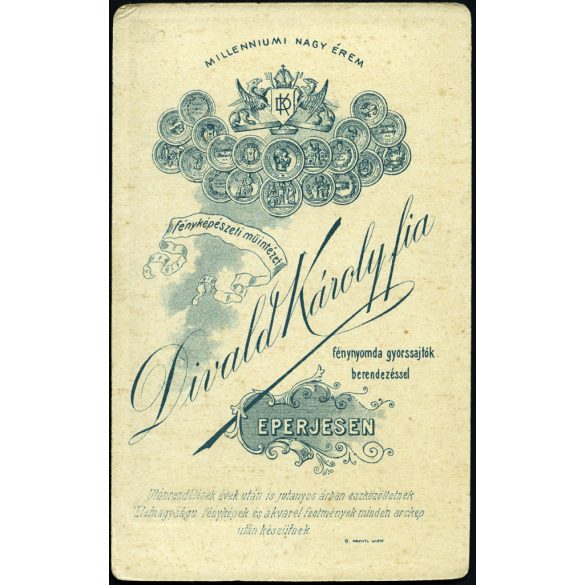 Divald Károly fia fényképészeti, műintézet, Eperjes, Felvidék, elegáns nő gyönyörű ruhában, gyönyörű hajjal, monarchia, 1890-es évek, Eredeti CDV, vizitkártya fotó. 