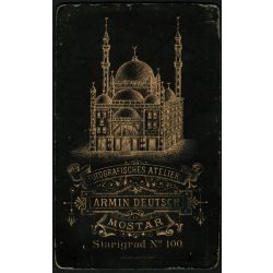  Armin Deutsch műterme, Mostar, Bosznia, magyar (K.u.K.) katona, tüzér (?) egyenruhában, bajusz, Kuthy Károly, monarchia, 1890-es évek, Eredeti CDV, vizitkártya fotó, gyönyörű, ritka hátlappal.  