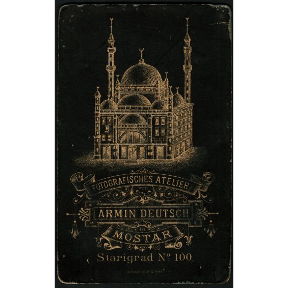 Armin Deutsch műterme, Mostar, Bosznia, magyar (K.u.K.) katona, tüzér (?) egyenruhában, bajusz, Kuthy Károly, monarchia, 1890-es évek, Eredeti CDV, vizitkártya fotó, gyönyörű, ritka hátlappal.  