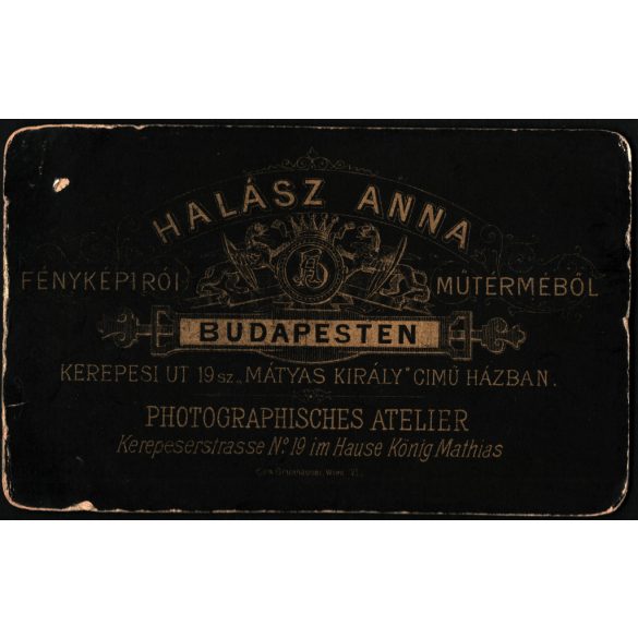 Halász Anna műterme, Budapest, elegáns fiú portréja, kalap, óralánc, fotóalbum, gyerek, monarchia, 1880-as évek, Eredeti CDV, vizitkártya fotó.   