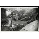 Ikarus autóbusz a szerpentinen, Budapest, romos házak, budai Vár, halászbástya, Víziváros, Hunyadi János út, I. kerület, helytörténet, jármű, közlekedés, kommunizmus, 1950-es évek, Eredeti fotó, papírkép. 