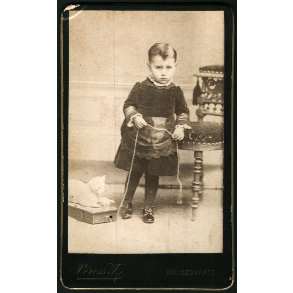 Veress Ferenc műterme, Kolozsvár, Erdély, kislány különös játék cicával, macska, 1880-as évek, Eredeti CDV, vizitkártya fotó.  