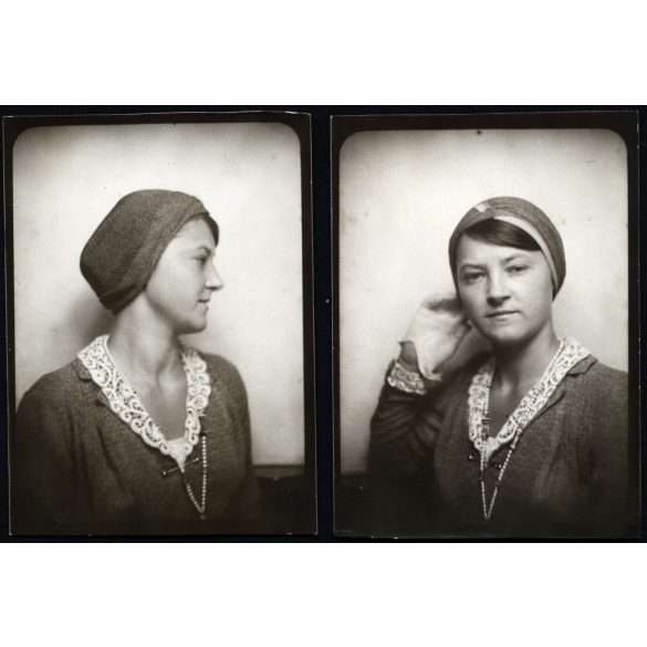 2 fotó, Lónyay Ferencné született csabacsűdi Dókus Borbála portréja, elegáns nő, főnemes, Horthy-korszak, 1930-es évek, Eredeti fotó, hátulján feliratozott papírkép, 2 darab igazolványkép! 