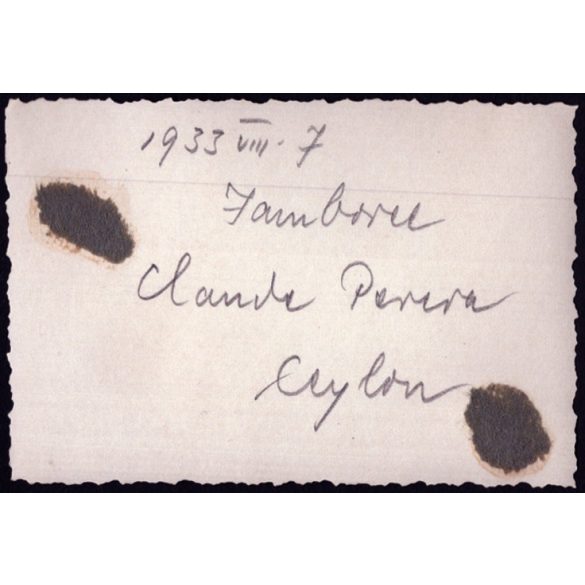 Perui cserkész fiú egyenruhában, Gödöllő, Dzsembori, Jamboree, Horthy-korszak, 1933, 1930-es évek, Eredeti fotó, hátulján feliratozott, nevesített papírkép.   