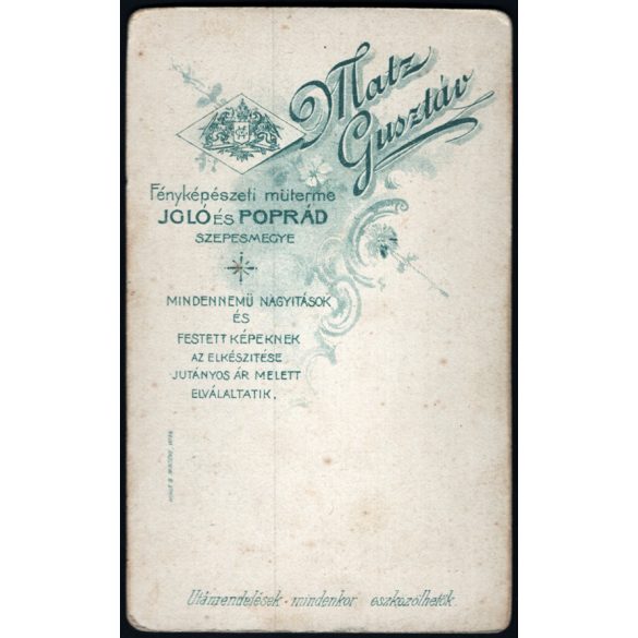 Matz Gusztáv műterme, Igló (Poprád), Felvidék, elegáns kislány matrózblúzban, gyerek, monarchia, 1890-es évek, Eredeti CDV, vizitkártya fotó.  