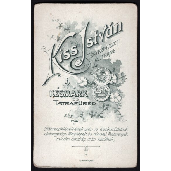 Kiss István műterme, Késmárk (Tátrafüred), Felvidék, elegáns fiatal férfi portréja, monarchia, 1890-es évek, Eredeti CDV, vizitkártya fotó.   