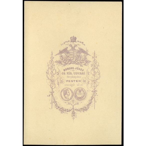 Borsos Jósef műterme, Pest, gyönyörű nő elegáns ruhában, virág, medál, különös haj, legyező, monarchia, 1860-as évek, Eredeti korai kabinetfotó, alja vágott.  