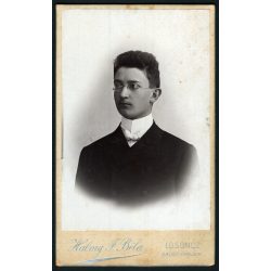   Halmy József Béla festész és fényképész műterme, Losonc (Salgótarján), Felvidék, elegáns fiatal férfi portréja, szemüveg, monarchia, 1880-as évek, Eredeti CDV, vizitkártya fotó.   