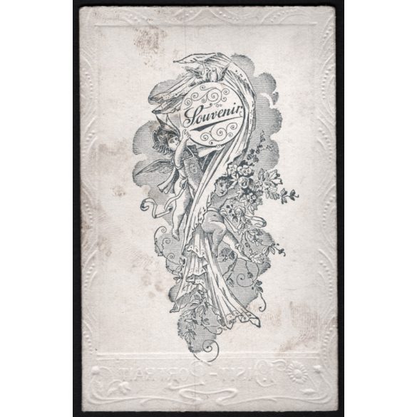 Ismeretlen alkalmi (vásári?) műterem, elegáns nők és bajuszos férfi, kalap, ernyő, retikül, monarchia, 1900-as évek, Eredeti CDV, vizitkártya fotó díszes szecessziós dombornyomott karton.  