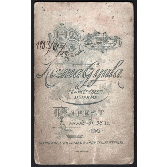 Kozma Gyula műterme, Újpest, elegáns nő gyönyörű ruhában, monarchia, 1903, 1900-as évek, Eredeti CDV, vizitkártya fotó.   