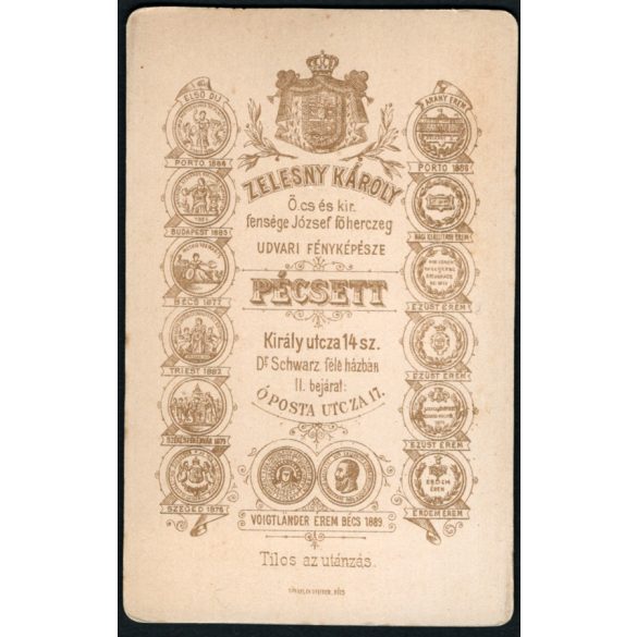 Zelesny Károly műterme, Pécs, katolikus egyházi méltóság portréja, érdemrend, kitüntetés, monarchia, 1880-as évek, Eredeti CDV, vizitkártya fotó.  