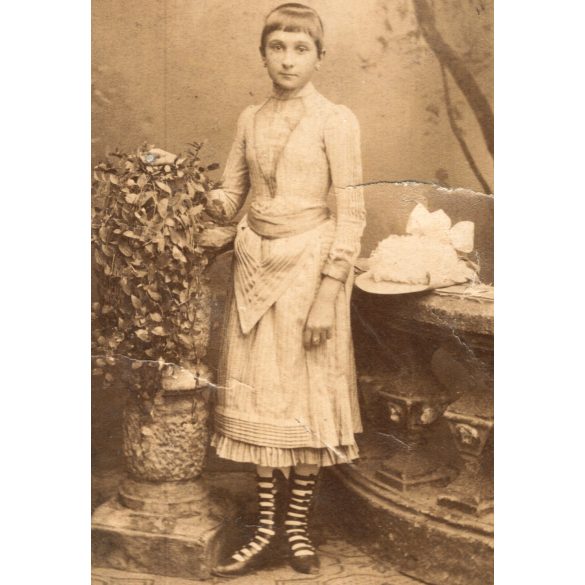 Stefán Joanovits műterme, Verschetz (Versec), Vajdaság, fiatal lány gyönyörű ruhában, virág, növény, kalap, különös szandál, monarchia, 1870-es évek, Eredeti CDV, vizitkártya fotó, enyhe törésnyomokkal. 