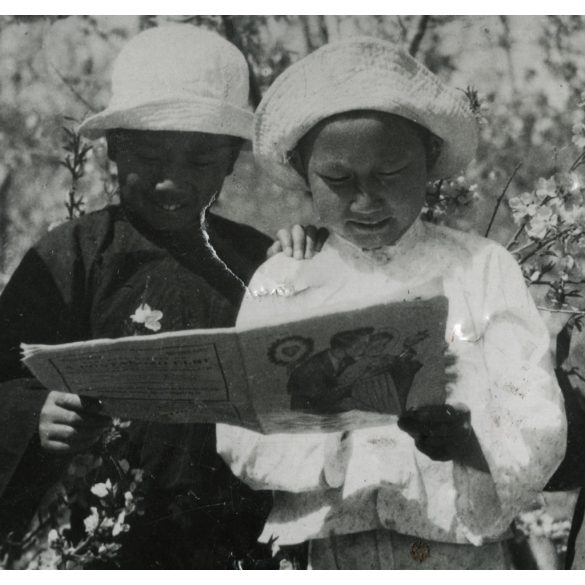 Kínai gyerekek magyar nyelvű jezsuita kiadványt nézegetnek, a Támingi Magyar Misszió Központja, egyház, vallás, különös, Horthy-korszak, 1930-as évek, Eredeti, bélyegzővel jelzett képeslap fotó, papírkép, felületén sérülések. 