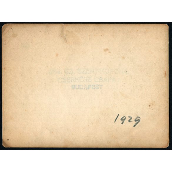 284-es számú Szent Korona Cserkészcsapat, Budapest, (Külső Váci úti római katolikus plébánia), tábor, egyenruha, zászló, trombita, XIII. kerület,  Horthy-korszak, 1929, 1920-as évek, Eredeti, bélyegzővel jelzett fotó, papírkép, felületén sérülések.  