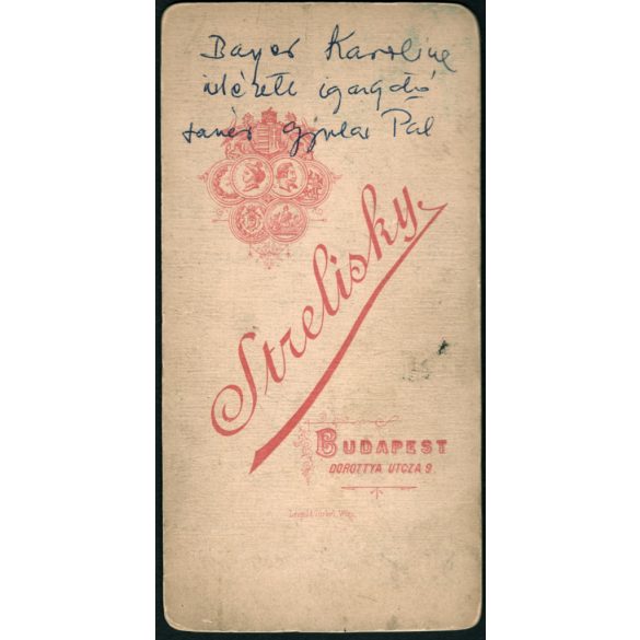 Strelisky műterem, Budapest, elegáns nő magyaros téli ruhában, a későbbi feliratozás szerint Bayer Karolina rékispalotai nevelőintézeti igazgató, monarchia, 1880-as évek, Eredeti, hátulján feliratozott kabinetfotó.  