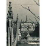 Jégzajlás a Dunán, régi Erzsébet híd, villamos, jármű, közlekedés, helytörténet, Horthy-korszak, 1940, 1940-es évek, Eredeti fotó, hátulján feliratozott papírkép.   