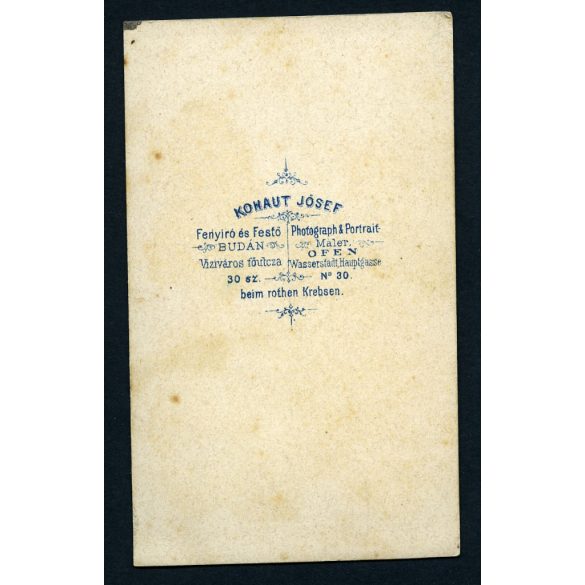 Kohaut Jósef műterme , Buda, Víziváros, a Vörös Ráknál, elegáns nemes nő gyönyörű ruhában, gazdagon faragott bútorok, monarchia, 1860-as évek, Eredeti CDV, korai ritka vizitkártya fotó. 