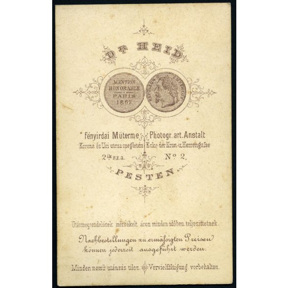 Ritka! Dr. Heid műterme, Pest, elegáns nő portréja, gyönyörű haj, monarchia, 1867, 1860-as évek, Eredeti CDV, vizitkártya fotó.  