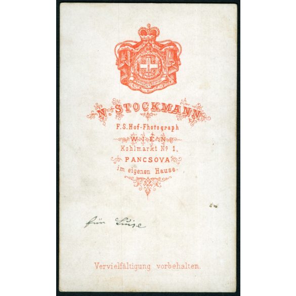 N. Stockmann műterem, Pancsova (Bécs), Vajdaság, elegáns hölgy portréja monarchia, 1860-as évek, Eredeti CDV, vizitkártya fotó.   