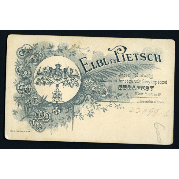 Elbl és Pietsch műterme, Budapest, elegáns nő portréja, gyönyörű ruha, nyaklánc, monarchia, 1890-es évek, Eredeti CDV, vizitkártya fotó.   