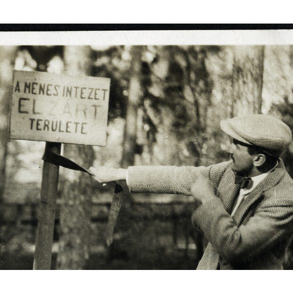 Fiatalok egy figyelmeztető táblánál, Kisbér, méntelep, mezőgazdaság, vicces, állattenyésztés, Horthy-korszak, helytörténet, 1930-as évek, Eredeti fotó, papírkép.  