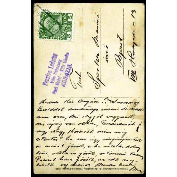 Photo-Manufaktur E. Jelussich, Fiume-Abbazia, magyar úri társaság egy hajón, Fiume tábla, jármű, közlekedés, monarchia, helytörténet, 1912, 1910-es évek, Eredeti képeslap fotó, hátulján feliratozott lepecsételt papírkép, középen rövid törésnyommal.  