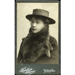   Fanto és Steiner műterem, Gyöngyös, elegáns nő különös szőrmegallérral, kalap, fátyol, monarchia, 1900-as évek, Eredeti CDV, vizitkártya fotó.  