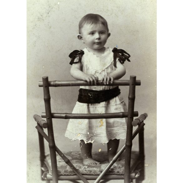 Klapok Alajos műterme, Arad (Erdély), elegáns gyerek egy különös széken. monarchia, 1898, 1890-es évek, Eredeti CDV, hátulján feliratozott vizitkártya fotó.  