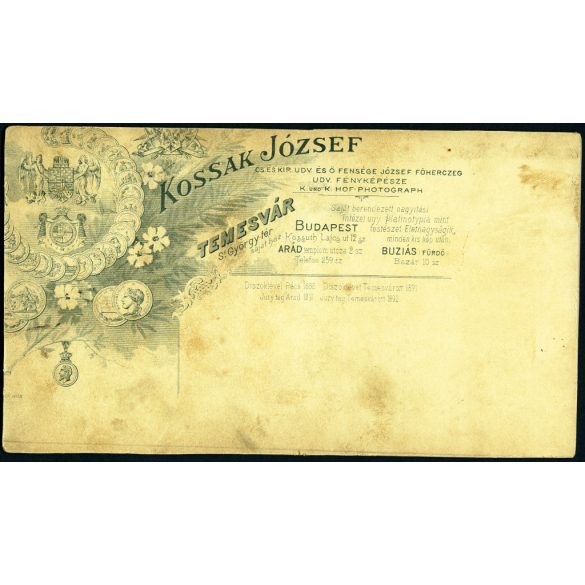 Nagyobb méret, Kossak József műterme, Temesvár (Erdély), elegáns pár ünneplő ruhában, bajusz, óralánc, monarchia, 1890-es évek, Eredeti kabinetfotó, vágott szélekkel. 