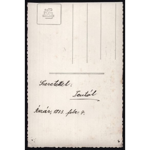 Csinos lány masnival, Aszár, kötény, helytörténet, Komárom-Esztergom megye, Horthy-korszak, 1933, 1930-as évek, Eredeti fotó, hátulján feliratozott papírkép. 