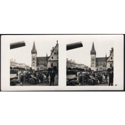   Német katonák ágyúkkal, Bártfa, (Felvidék, Szlovákia), katonai teherautók, fegyver, katona, egyenruha, 2. világháború, Horthy-korszak, 1940-es évek, Eredeti sztereó fotó, hátulján feliratozott gyűjteményes papírkép.  