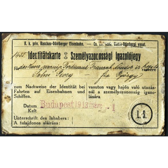 Hegedűs műterem, Rózsahegy, Felvidék,  fiú, Francsek György portréja, Kassa-Oderbergi Vasút (KsOD)  Személyazonossági igazolójegy, a társaság mélynyomó bélyegzőjével ellátva, közlekedés, monarchia, 1913, 1910-es évek, Eredeti CDV, vizitkártya fotó ra