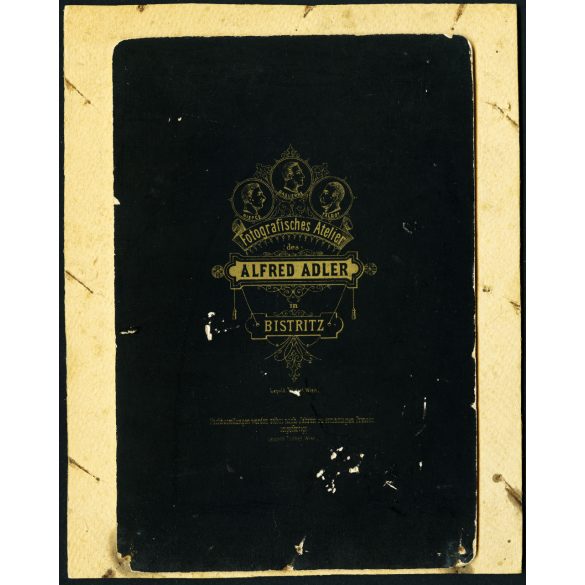 Alfred Adler műterme, Beszterce, Erdély, elegáns férfi szakállal, bajusszal, magyaros ruhában, portré, monarchia, 1880-as évek, Eredeti kabinetfotó eredeti paszpartura ragasztva.  
