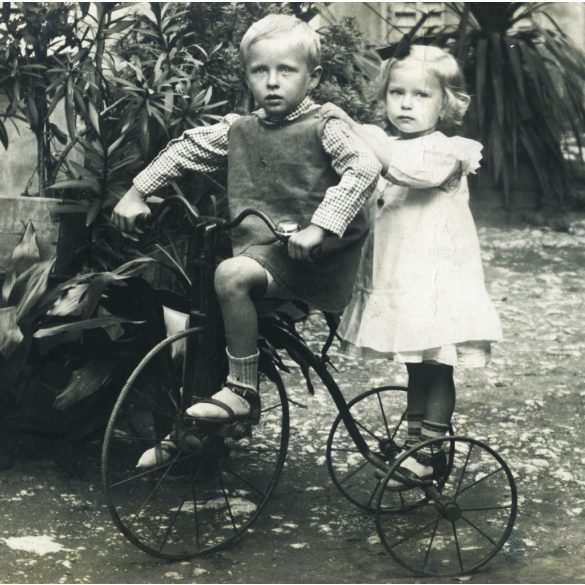 Popp L. (?) fotográfus, Fiume, gyerekek (Lurkó és Magdus) triciklin, játék, jármű, közlekedés, monarchia, 1910, 1910-es évek, Eredeti hátulján feliratozott fotó, papírkép.   