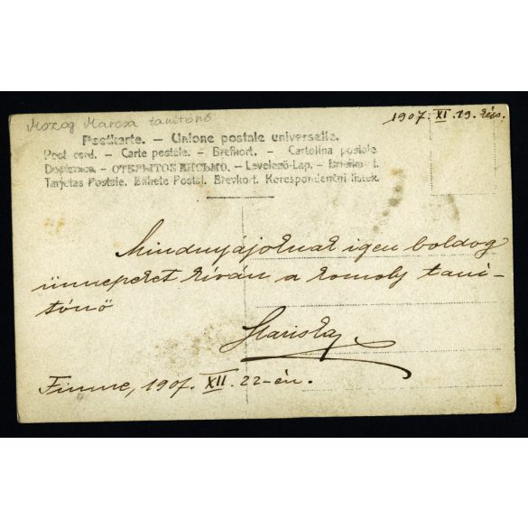 Mozog Marcsa tanítónő, Fiume, elegáns nő portréja, kalap, foglalkozás, monarchia, 1907, 1900-as évek, Eredeti fotó, hátulján feliratozott, szignózott papírkép.   