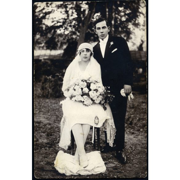 Biró műterem, Székelyhíd, Erdély, esküvő, gyönyörű menyasszony, vőlegény, Horthy-korszak, 1928, 1920-as évek, Eredeti fotó, hátulján feliratozott, pecséttel jelzett papírkép.   