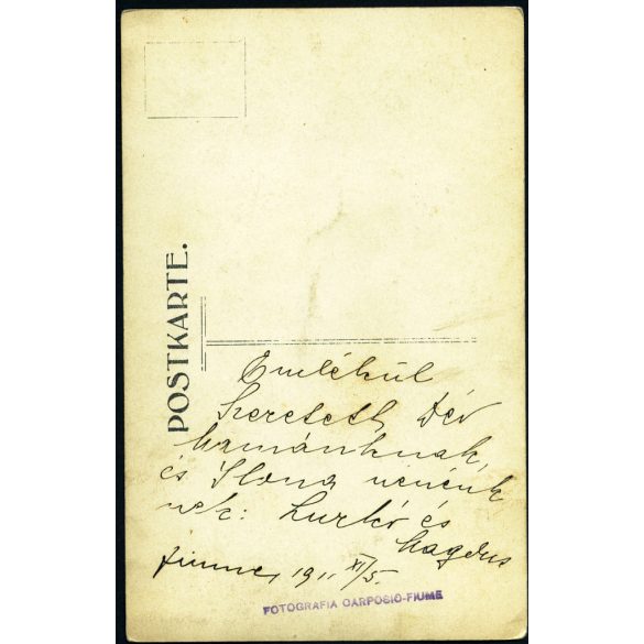 Carposio műterem, Fiume, Tengermellék, testvérek, „Lurkó és Magdus” fényképe, matrózruha, monarchia, 1911, 1910-es évek, Eredeti fotó, hátulján feliratozott, pecséttel jelzett papírkép.   