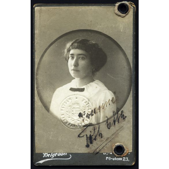 Belgráder Soma műterme, Balassagyarmat, elegáns nő portréja szignóval, vasúti igazolványkép, helytörténet, monarchia, 1890-es évek, Eredeti CDV, vizitkártya fotó mélynyomóval, aláírással, gyönyörű szecessziós hátlappal.  