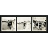 3 fotó kartonlapra ragasztva, férfiak különös fürdőruhában, Balatonalmádi, strand, fürdőélet, Balaton, divat, Horthy-korszak, 1930-as évek, Eredeti fotók, kartonra ragasztott papírképek.  