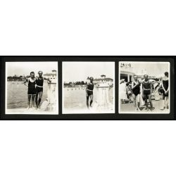   3 fotó kartonlapra ragasztva, férfiak különös fürdőruhában, Balatonalmádi, strand, fürdőélet, Balaton, divat, Horthy-korszak, 1930-as évek, Eredeti fotók, kartonra ragasztott papírképek.  