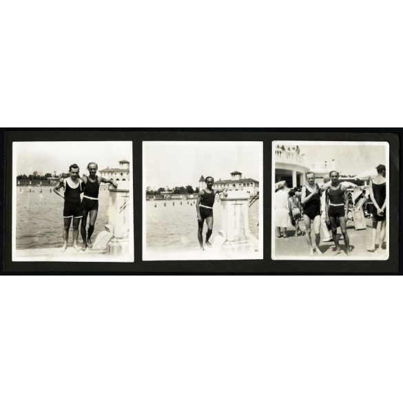 3 fotó kartonlapra ragasztva, férfiak különös fürdőruhában, Balatonalmádi, strand, fürdőélet, Balaton, divat, Horthy-korszak, 1930-as évek, Eredeti fotók, kartonra ragasztott papírképek.  