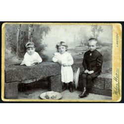   Helios fényképészeti műterem, Selmecbánya, Felvidék, elegáns gyerekek kalappal, különös festett háttér, monarchia, 1880-as évek, Eredeti korai kabinetfotó alján kopásnyommal. 