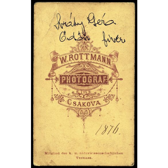 W. Rottmann műterme, Csákova (Csák), Erdély, Sváby Géza, elegáns fiatal szakállas férfi portréja, monarchia, 1876, 1870-es évek, Eredeti CDV, hátulján feliratozott vizitkártya fotó, sarka picit törött, ritka műterem!  