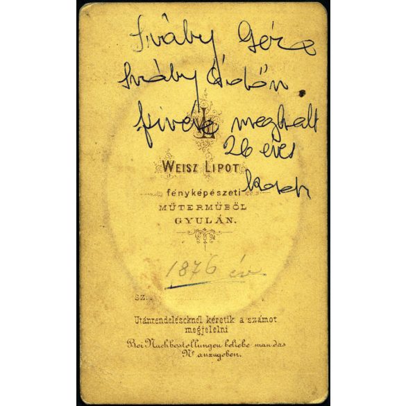 Weisz Lipót műterme, Gyula, Sváby Géza, elegáns fiatal szakállas férfi portréja, nyakkendő, monarchia, 1870-es évek, Eredeti dombornyomott CDV, hátulján feliratozott vizitkártya fotó!   